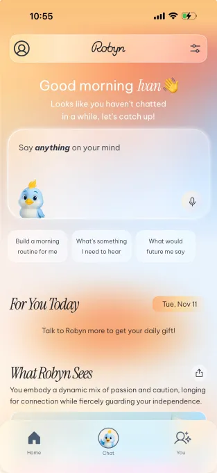 Screenshot showing with the Robyn home screen where you can type and start chat with the AI chatbot. 